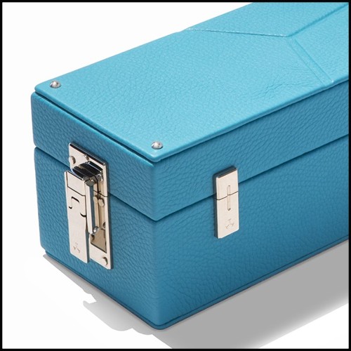 Boîte en cuir turquoise en laiton nickelé poli 186-Luxury Triple Watch Turquoise or Red