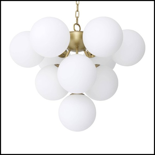 Chandelier in antique brass finish and shades in white glass 24-Icaro