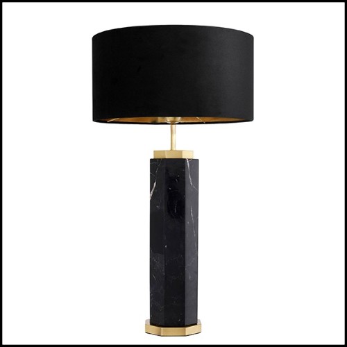 Table Lamp in marble with base in brass in antique finish and black shade 24-Newman Black