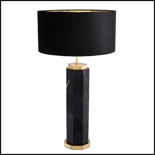 Table Lamp in marble with base in brass in antique finish and black shade 24-Newman Black