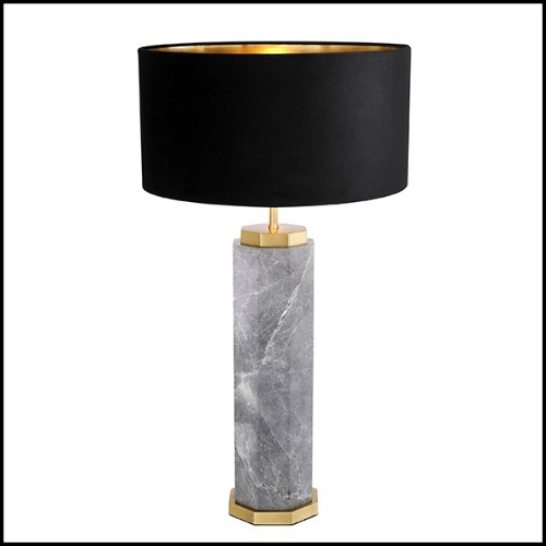 Table Lamp in marble with base in brass in antique finish and black shade 24-Newman Grey