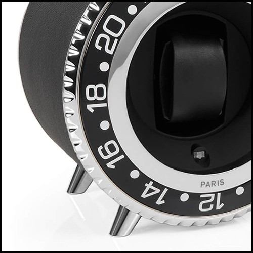 Watch Winder in blackened aluminium in nickel finish 185-Black Leather