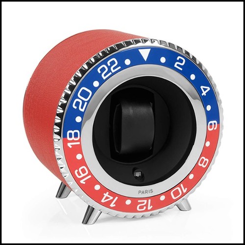Watch Winder in blue and red aluminium in nickel finish 185-Red Leather
