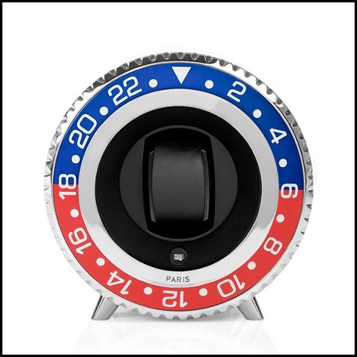 Watch Winder in blue and red aluminium in nickel finish 185-Red Leather