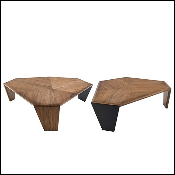 Table basse Set de 2 en noyer massif avec pieds en noyer massif et un pied en métal noir mat 163-Triple Walnut