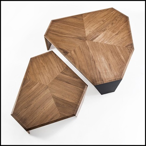 Table basse Set de 2 en noyer massif avec pieds en noyer massif et un pied en métal noir mat 163-Triple Walnut