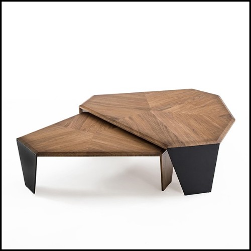Table basse Set de 2 en noyer massif avec pieds en noyer massif et un pied en métal noir mat 163-Triple Walnut