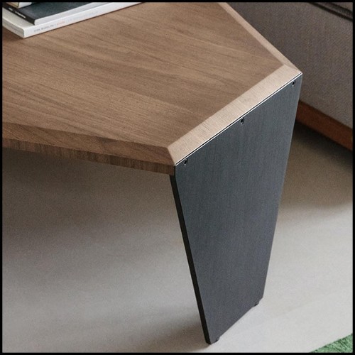 Table basse Set de 2 en noyer massif avec pieds en noyer massif et un pied en métal noir mat 163-Triple Walnut