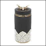Box in glazed ceramic in black finish with polished brass butterfly on lid's top 162-Butterfly