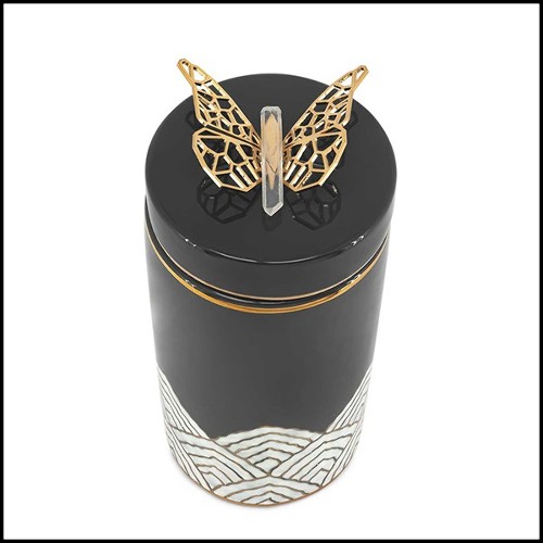 Boîte en céramique émaillée finition noire et avec papillon en laiton poli sur le couvercle 162-Butterfly