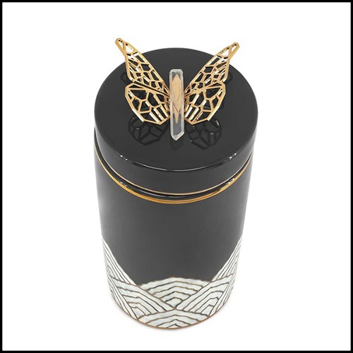Box in glazed ceramic in black finish with polished brass butterfly on lid's top 162-Butterfly