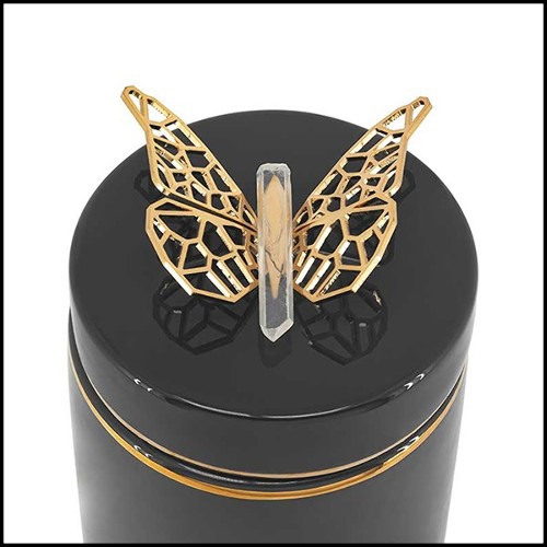 Box in glazed ceramic in black finish with polished brass butterfly on lid's top 162-Butterfly