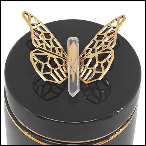 Box in glazed ceramic in black finish with polished brass butterfly on lid's top 162-Butterfly