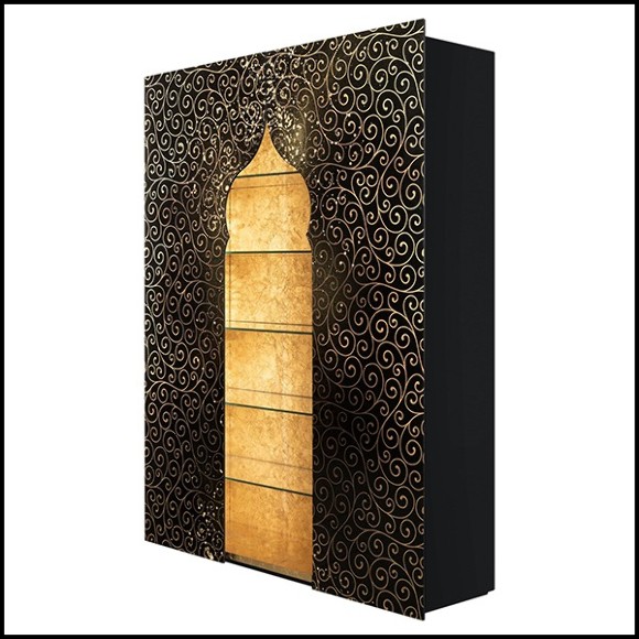 Armoire ou étagère en bois massif laqué noir décoré d'inserts de feuilles d'or et de poudre d'or 191-Riyad