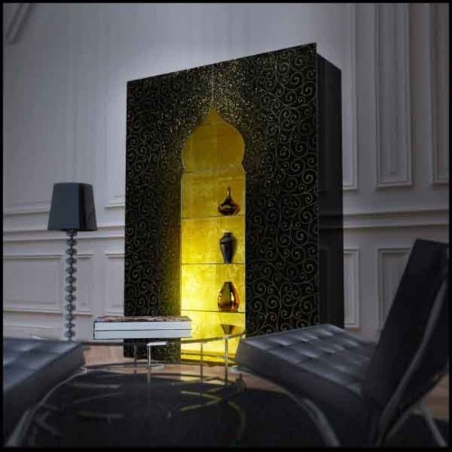 Cabinet or Shelves with black lacquered wood and decorated with gold leaf inserts and with golden powder 191-Riyad