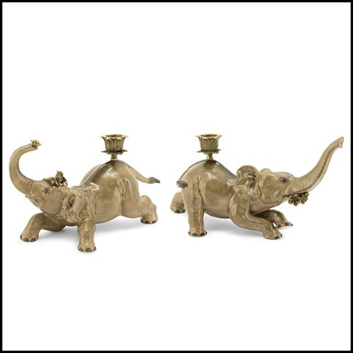 Candleholders in hand painted porcelain in bronze finish 162-Bengali elephant Set of 2