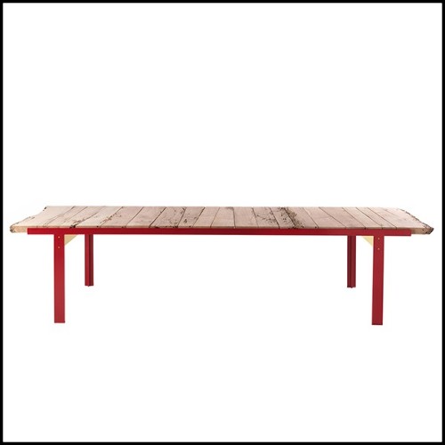 Dining table with top in solid oak wood from Venice with iron base in red lacquered finish 154-Oak Slats Red