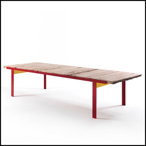 Dining table with top in solid oak wood from Venice with iron base in red lacquered finish 154-Oak Slats Red