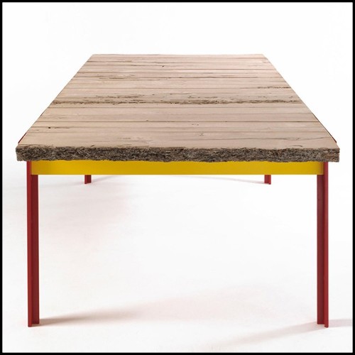 Table de repas avec plateau en bois de chêne massif et base en fer laquée rouge 154-Oak Slats Red
