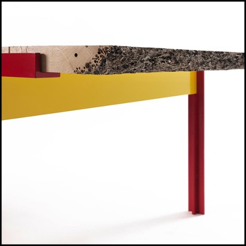 Table de repas avec plateau en bois de chêne massif et base en fer laquée rouge 154-Oak Slats Red