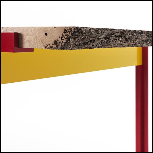 Table de repas avec plateau en bois de chêne massif et base en fer laquée rouge 154-Oak Slats Red