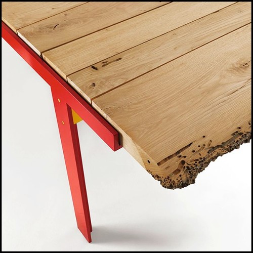 Table de repas avec plateau en bois de chêne massif et base en fer laquée rouge 154-Oak Slats Red