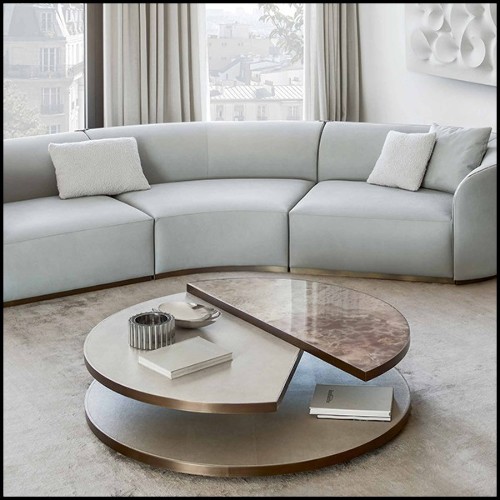Coffee table with down-top wooden structure and half up-top covered with genuine leather 150-Pac