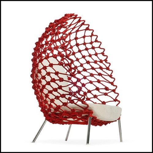 Armchair outdoor-indoor with stainless steel structure covered with twisted and wrapped acrylic fabric 178-Rest Red