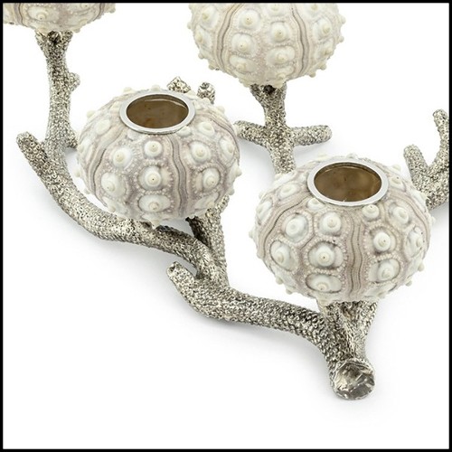 Bougeoir avec structure en forme de corail finition argent avec 5 coquilles d'oursins 162-Urchin