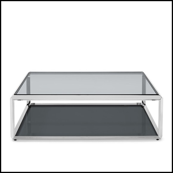 Table basse avec structure finition chrome avec plateaux en verre biseauté fumé 162-Cassiopee Chrome