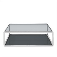 Table basse avec structure finition chrome avec plateaux en verre biseauté fumé 162-Cassiopee Chrome