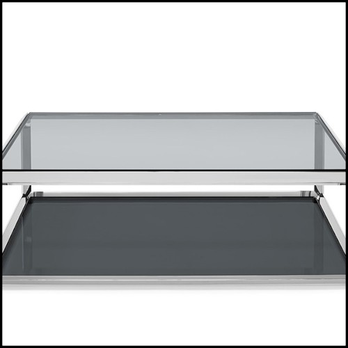 Table basse avec structure finition chrome avec plateaux en verre biseauté fumé 162-Cassiopee Chrome