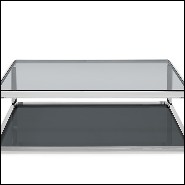 Table basse avec structure finition chrome avec plateaux en verre biseauté fumé 162-Cassiopee Chrome