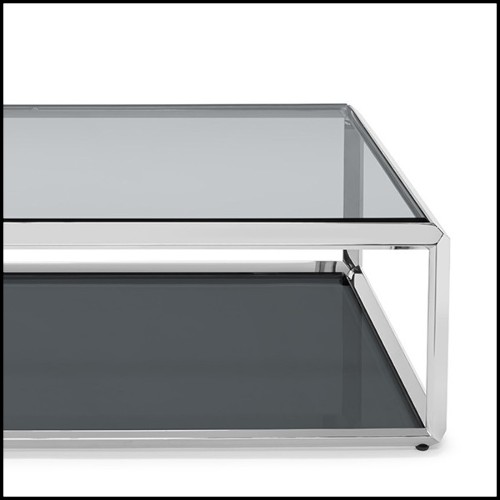Table basse avec structure finition chrome avec plateaux en verre biseauté fumé 162-Cassiopee Chrome