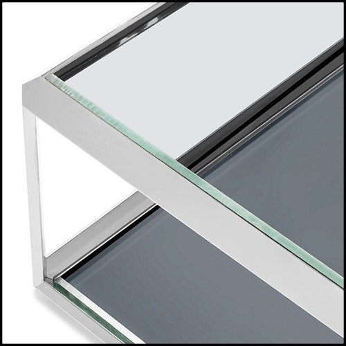 Table basse avec structure finition chrome avec plateaux en verre biseauté fumé 162-Cassiopee Chrome