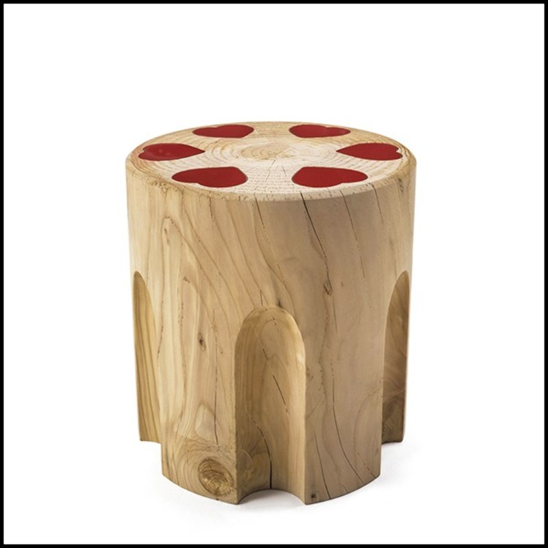 Stool in solid natural aromatic cedar wood with red hearts in red lacquered iron 154-Revolvheart