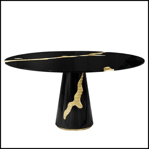 Dining table in black lacquered mahogany wood decorated with polished brass leaves 145-Majestic Round