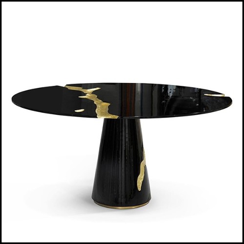 Table ronde en acajou massif finition laqué noir avec décorations à la feuille de laiton poli 145-Majestic Round