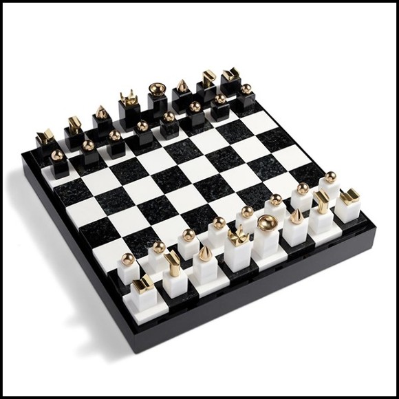 Chess with black and white pieces made in stone with 24-karat gold-plated metal ornaments 172-Stones Game