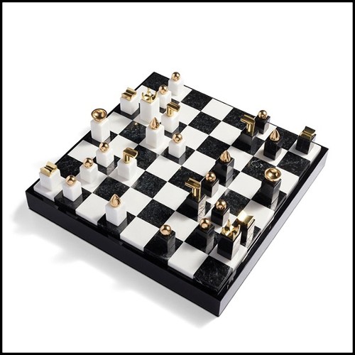 Chess with black and white pieces made in stone with 24-karat gold-plated metal ornaments 172-Stones Game