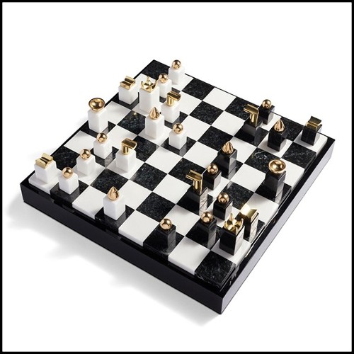 Jeu d'echec avec pièces noires et blanches en pierre avec et ornements en métal plaqué or 24 karats 172-Chess Stones
