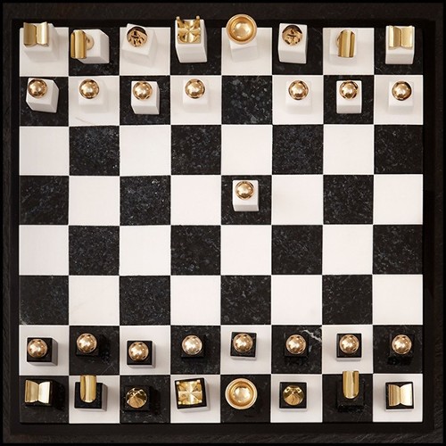 Chess with black and white pieces made in stone with 24-karat gold-plated metal ornaments 172-Stones Game