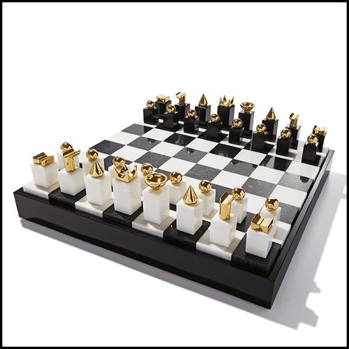Jeu d'echec avec pièces noires et blanches en pierre avec et ornements en métal plaqué or 24 karats 172-Chess Stones