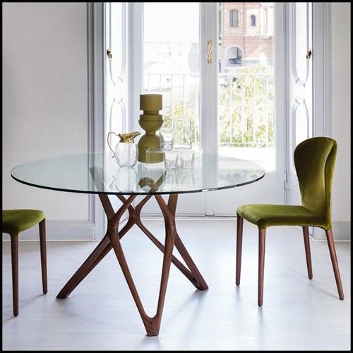 Table with base in solid walnut wood with tempered clear glass top 163-Giulia Round