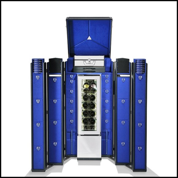 Malle pour champagnes ou vins avec cuir noir et laiton massif plaqué nickel et doublure en microfibre bleu 186-Grand Cru Blue