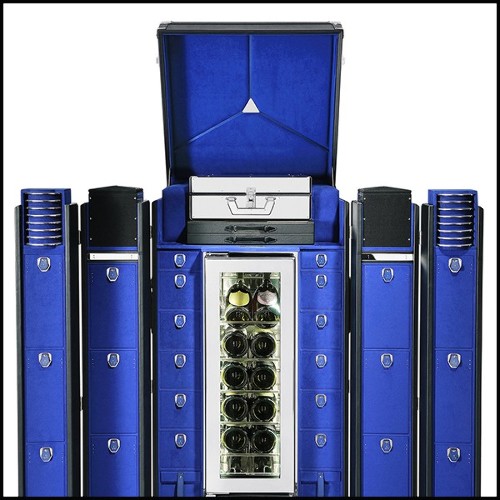 Malle pour champagnes ou vins avec cuir noir et laiton massif plaqué nickel et doublure en microfibre bleu 186-Grand Cru Blue