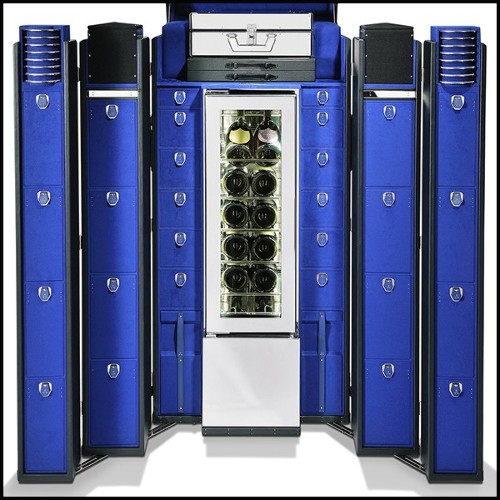 Malle pour champagnes ou vins avec cuir noir et laiton massif plaqué nickel et doublure en microfibre bleu 186-Grand Cru Blue