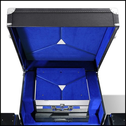 Malle pour champagnes ou vins avec cuir noir et laiton massif plaqué nickel et doublure en microfibre bleu 186-Grand Cru Blue