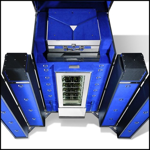 Malle pour champagnes ou vins avec cuir noir et laiton massif plaqué nickel et doublure en microfibre bleu 186-Grand Cru Blue