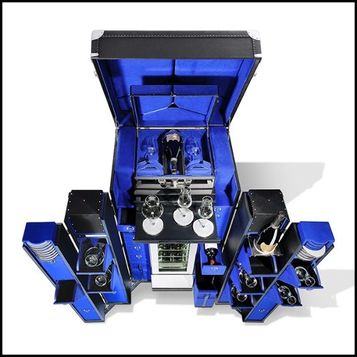 Malle pour champagnes ou vins avec cuir noir et laiton massif plaqué nickel et doublure en microfibre bleu 186-Grand Cru Blue